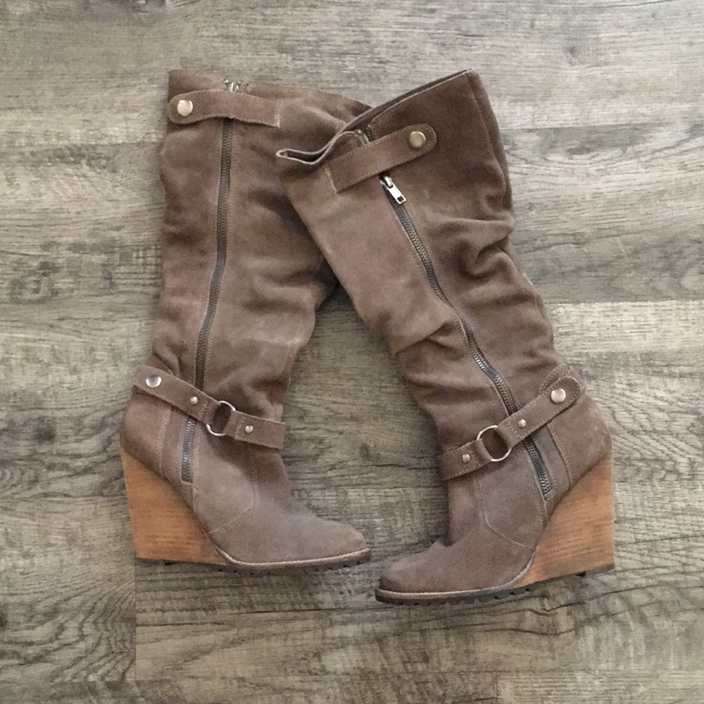 Grey suede knee high wedge boots